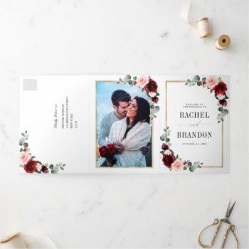 burgundy blush floral modern geometric wedding tri tri-fold announcement