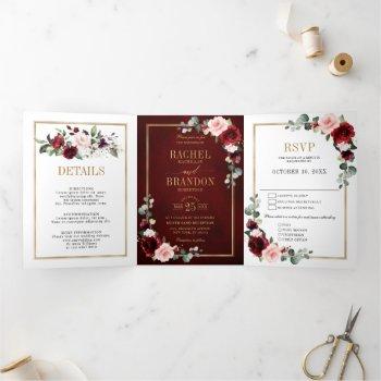 Small Burgundy Blush Floral Modern Geometric Wedding Tri Tri-fold Announcement Front View