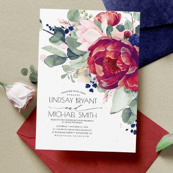 burgundy blush navy blue floral elegant wedding invitation
