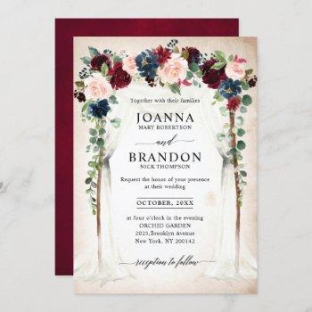 burgundy blush navy floral arch canopy wedding invitation