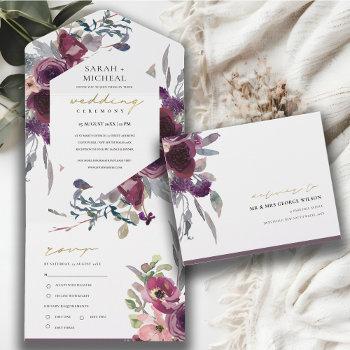 burgundy blush peach green watercolor floral all in one invitation