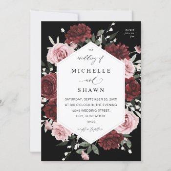 burgundy & blush pink 6 floral wedding - black invitation