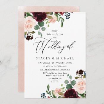 burgundy & blush watercolor elegant spring wedding invitation