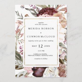 burgundy boho floral all in one wedding invitation