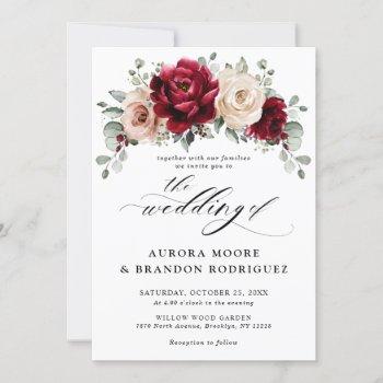burgundy champagne ivory mauve rose floral wedding invitation
