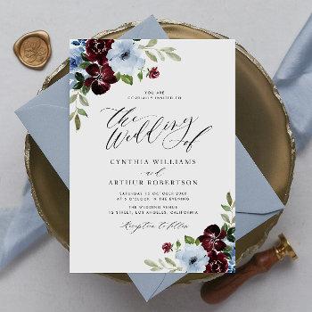 burgundy dusty blue floral script wedding invitation