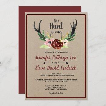 burgundy floral antler boho hunt is over wedding invitation