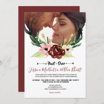 burgundy floral antler boho hunt is over wedding invitation