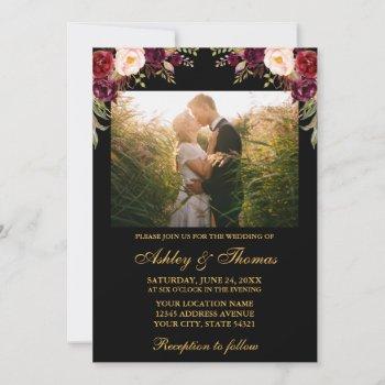 Small Burgundy Floral Black Gold Wedding Photo Front View