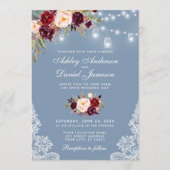 burgundy floral dusty blue wedding lights lace invitation