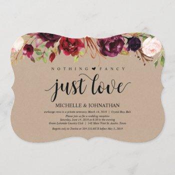 Small Burgundy Floral Elopement Reception Kraft Invites Front View
