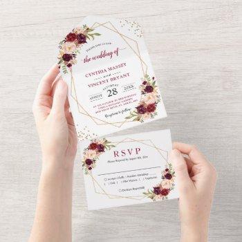 burgundy floral geometric (no env needed) wedding  all in one invitation