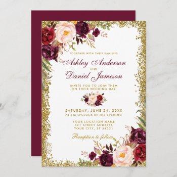 burgundy floral gold glitter wedding invitation b