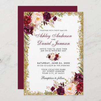 burgundy floral gold glitter wedding invitation gb