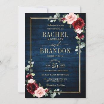burgundy floral gold navy blue rustic wedding invitation