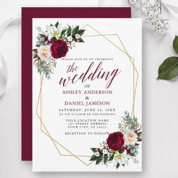burgundy floral greenery calligraphy wedding gold invitation