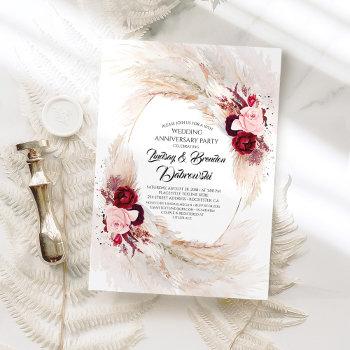 burgundy floral pampas grass wedding anniversary invitation