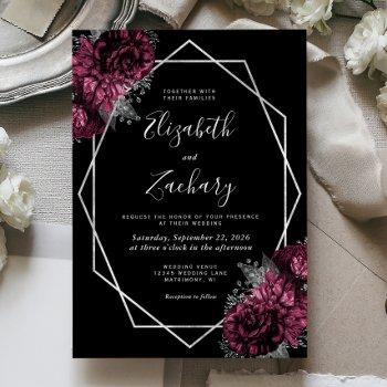 burgundy floral silver frame black wedding invitation