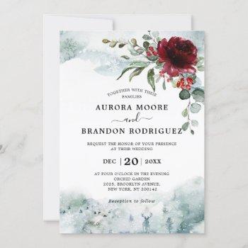 Small Burgundy Floral Winter Snow Wedding Front View