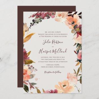 burgundy floral wreath | beige traditional wedding invitation