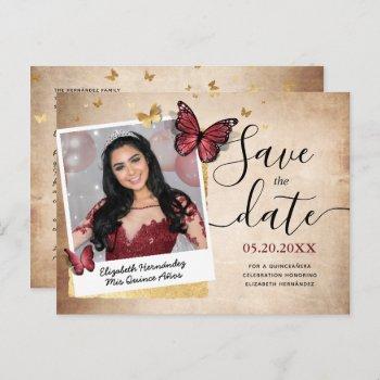 Small Burgundy Gold Butterfly Quince Photo Save The Date Announcement Post Front View