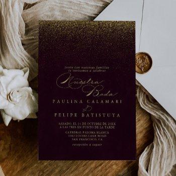 burgundy gold glitter nuestra boda wedding   invitation