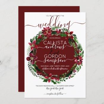 burgundy green floral wreath watercolor wedding invitation