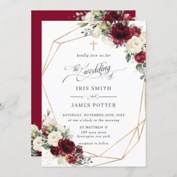 burgundy ivory floral greenery church wedding   invitation