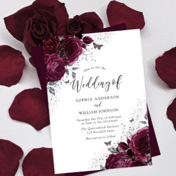 burgundy maroon roses with silver elegant wedding invitation