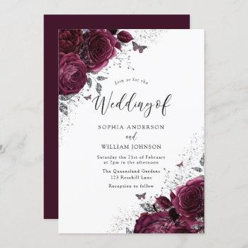 burgundy maroon roses with silver elegant wedding invitation