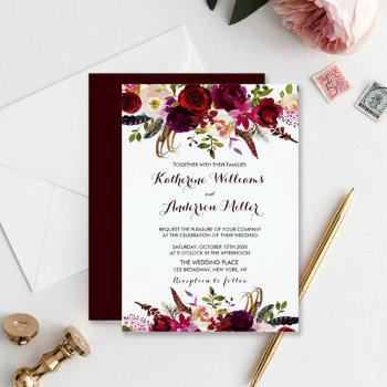 burgundy marsala bohemian floral autumn wedding invitation