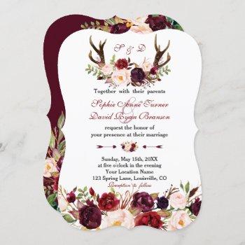 Small Burgundy Marsala Floral Antlers Monogram Wedding Front View