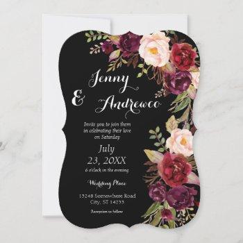 burgundy marsala floral wedding 2 black invitation