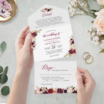 burgundy marsala floral wedding details rsvp all in one invitation