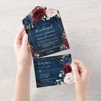 burgundy navy blue gold blush pink country wedding all in one invitation