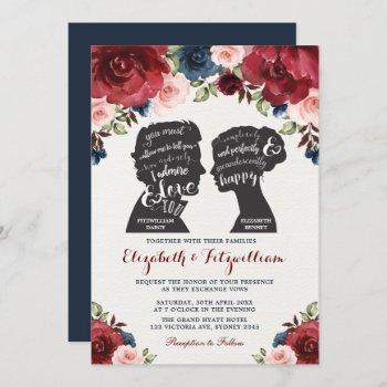 burgundy navy blush floral pride prejudice wedding invitation