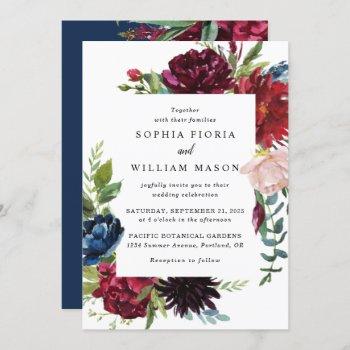 burgundy navy floral all in one wedding invitation