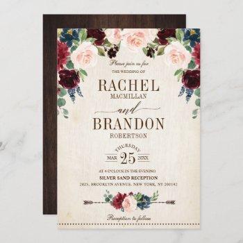burgundy navy floral rustic boho country wedding invitation