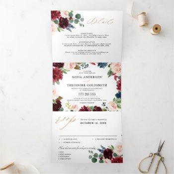 Small Burgundy Navy Floral Rustic Country Wedding Tri-fold Announcement Front View