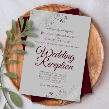 burgundy on gray silver frills wedding reception invitation