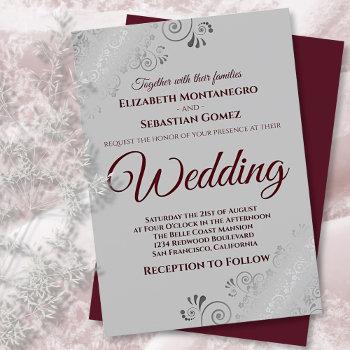 burgundy on gray with lacy silver frills wedding invitation
