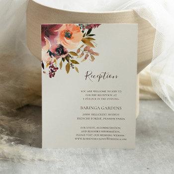 Small Burgundy Orange Floral | Beige Wedding Reception Enclosure Card Front View
