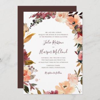 burgundy orange floral wreath traditional wedding invitation