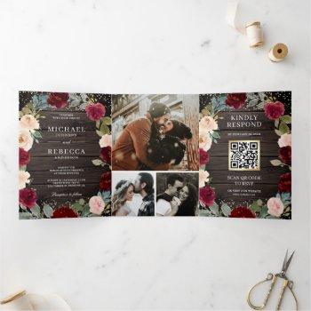 burgundy peach floral qr code barn wood wedding tri-fold invitation