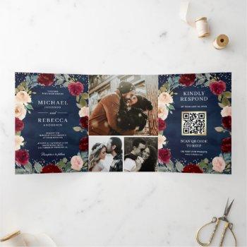 burgundy peach floral qr code navy blue wedding tri-fold invitation