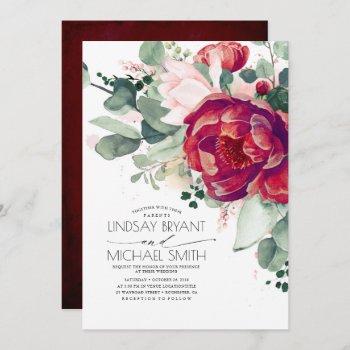 burgundy red and blush floral elegant boho wedding invitation