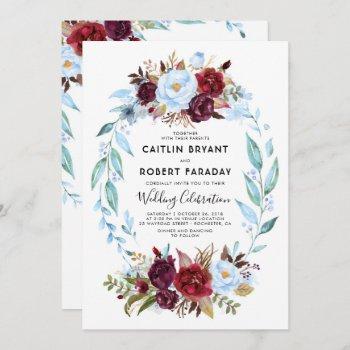 burgundy red and dusty blue floral wedding invitation