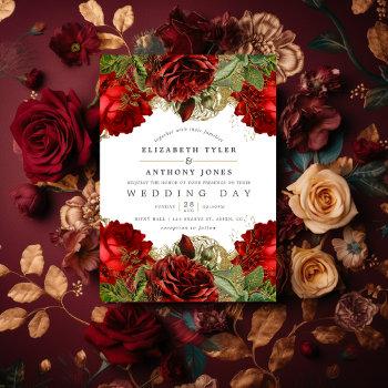 burgundy red and gold vintage shabby roses wedding invitation