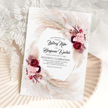burgundy red and pink floral pampas grass wedding invitation