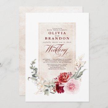 burgundy red and pink flowers elegant wedding invitation